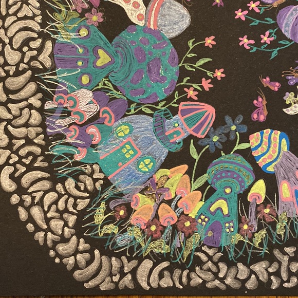 Unframed Original Art Mushroom Mandela w Fairies & Butterflies Drawing AB Artist - Picture 5 of 7